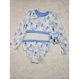 Bluey Girls 5T Rash Guard Swimsuit Set Blue White Palm Tree Long Sleeve 2pc NEW